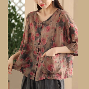 Áo sơ mi linen ngắn tay cổ tròn in hoa lá hai túi vuông - A867