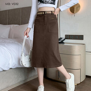 Chân váy retro lưng cao túi vuông kèm thắt lưng - V031