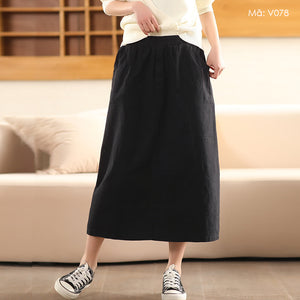 Chân váy linen lưng thun hai túi xẻ vạt sau - V077