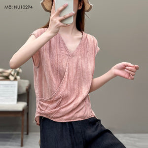 Áo T-shirt linen sát nách cổ V kiểu vạt chéo - NU10293