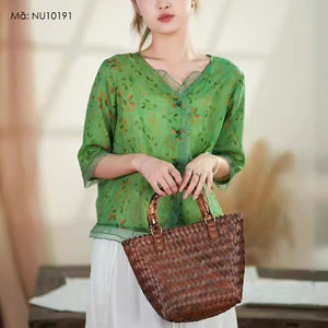 Áo sơ mi linen organza ngắn tay cổ V in hoa văn retro - NU10190