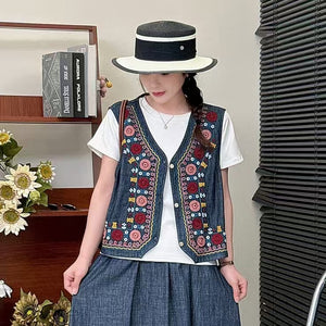 Áo khoác gile denim cổ tròn thêu hoa hoa văn thổ cẩm - A960