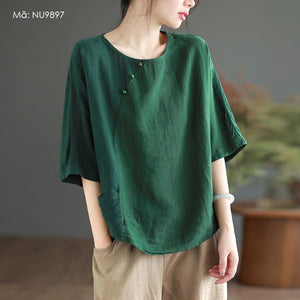 Áo T-shirt linen ngắn tay cổ tròn đính khuy túi kiểu - NU9896