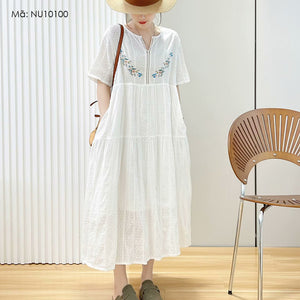 Đầm liền linen ngắn tay cổ tròn thêu hoa lá chấm bi - NU10099