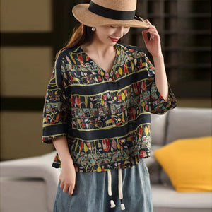 Áo sơ mi linen ngắn tay cổ V in hoa văn trừu tượng - A915