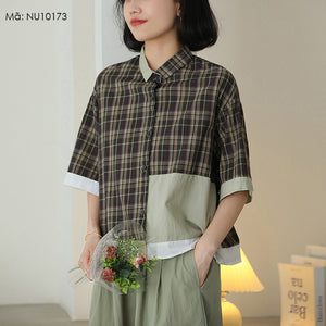Áo sơ mi ngắn tay cổ đức kẻ caro phối mảng màu - NU10172