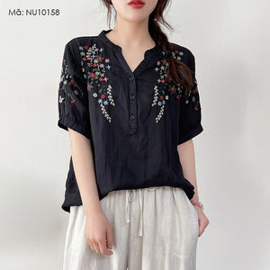 Áo sơ mi linen ngắn tay cổ V thêu hoa lá đối xứng - NU10157