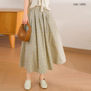 Chân váy linen lưng thun in hoa nhí - V089