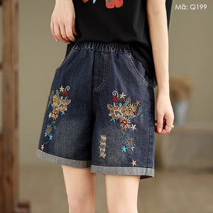 Quần sooc denim lưng thun cạp cao thêu hoa lá - Q198