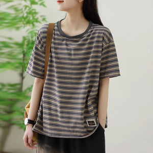 Áo T-shirt ngắn tay cổ tròn kẻ sọc retro - A786