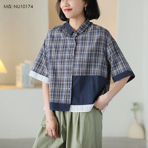 Áo sơ mi ngắn tay cổ đức kẻ caro phối mảng màu - NU10172