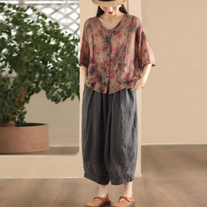 Áo sơ mi linen ngắn tay cổ tròn in hoa lá hai túi vuông - A867