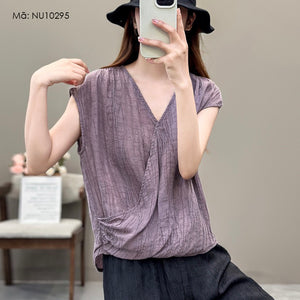 Áo T-shirt linen sát nách cổ V kiểu vạt chéo - NU10293