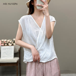 Áo T-shirt linen sát nách cổ V kiểu vạt chéo - NU10293