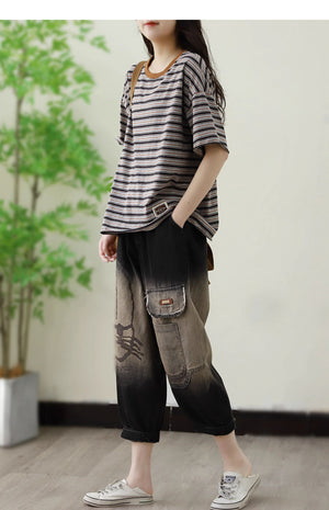 Áo T-shirt ngắn tay cổ tròn kẻ sọc retro - A786