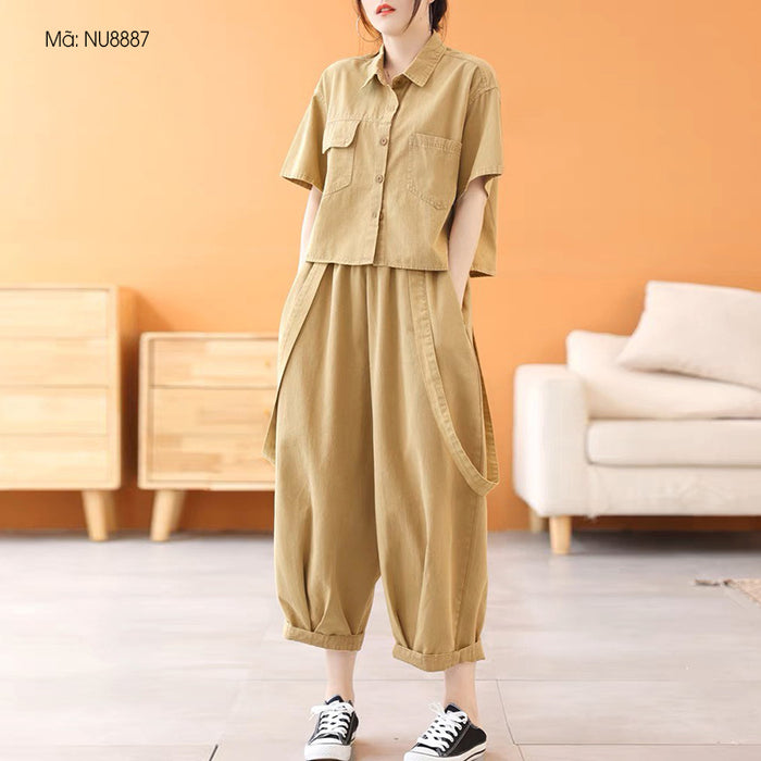 Bộ đồ denim gồm áo sơ mi ngắn tay cổ đức và quần baggy kiểu dây đeo - NU8887