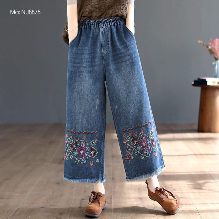 Quần baggy denim lưng thun thêu hoa văn retro gấu tua rua - NU8875