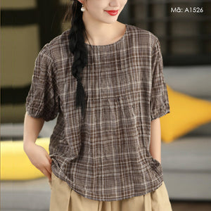 Áo sơ mi ngắn tay cổ tròn kẻ caro - A1526