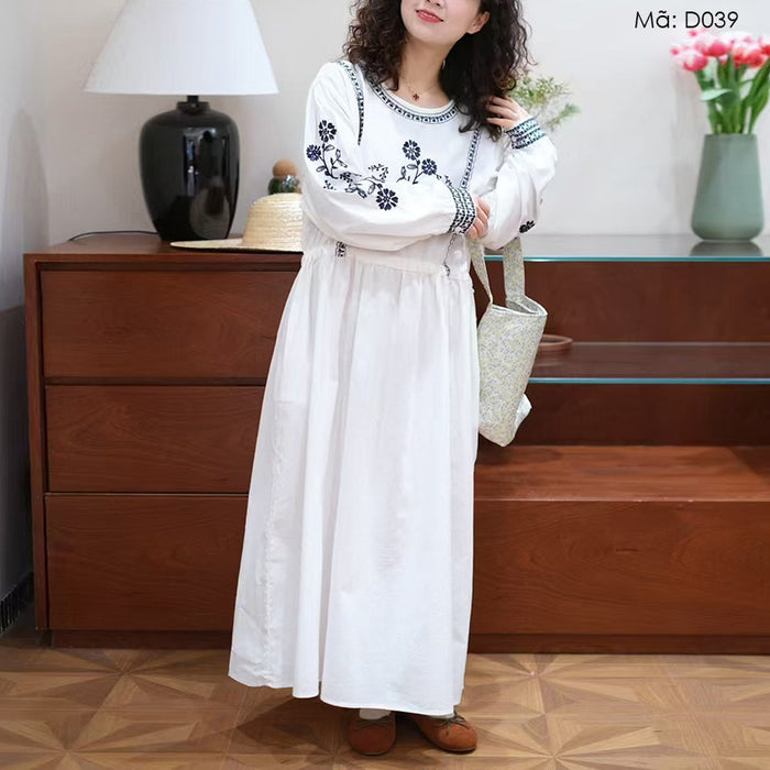 Đầm liền linen dài tay cổ tròn thêu hoa văn retro chiết eo - D039