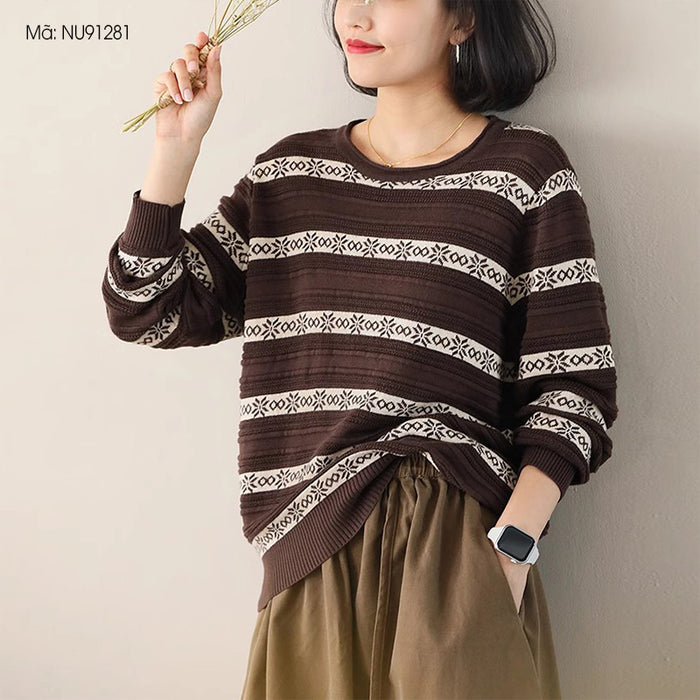 Áo len dệt kim dài tay cổ tròn kẻ sọc - NU91281