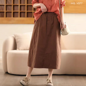 Chân váy linen lưng thun hai túi xẻ vạt sau - V077