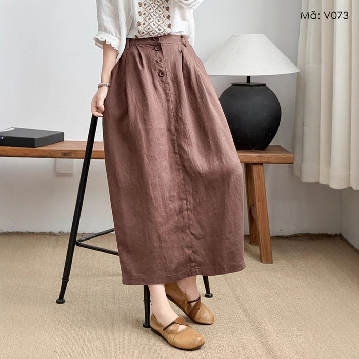 Chân váy linen lưng thun hai túi sau khuy cài - V073