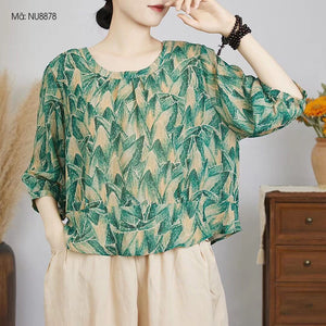 Áo sơ mi linen tay lửng cổ tròn khuy cài sau in hoa văn retro - NU8878