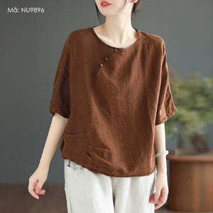 Áo T-shirt linen ngắn tay cổ tròn đính khuy túi kiểu - NU9896