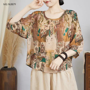 Áo sơ mi linen tay lửng cổ tròn khuy cài sau in hoa văn retro - NU8878