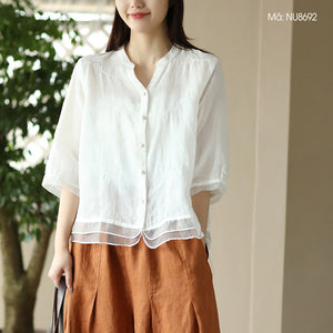Áo sơ mi linen ngắn tay cổ V thêu hoa lá vạt kiểu xếp ren - NU8692