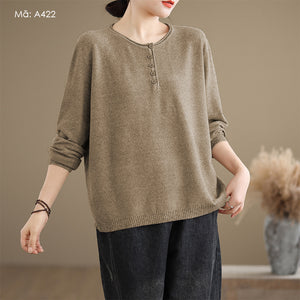 Áo len dệt kim dài tay cổ tròn khuy cài - A422