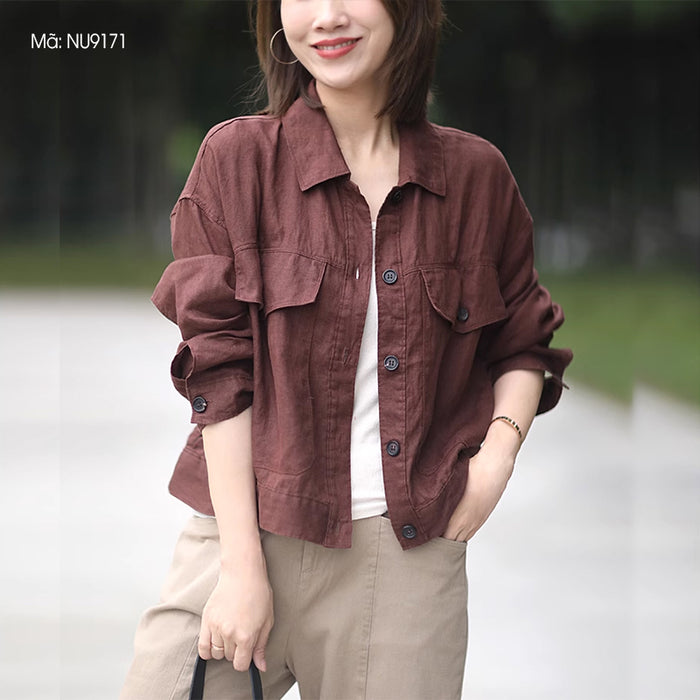 Áo khoác linen dài tay cổ đức hai túi lớn vạt bằng - NU9171