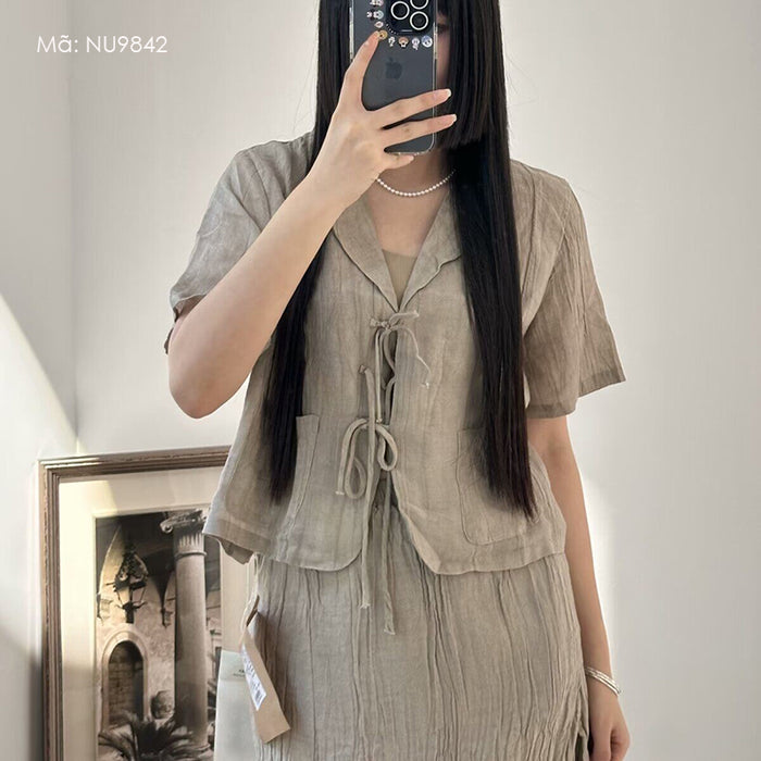 Áo sơ mi linen ngắn tay cổ vest cột dây - NU9842