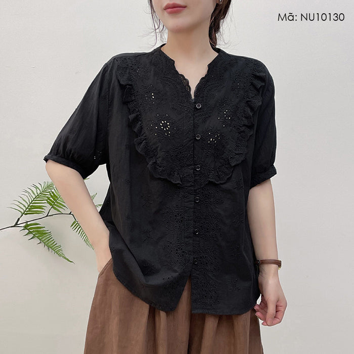 Áo sơ mi linen ngắn tay cổ V thêu ren hoa lá - NU10130