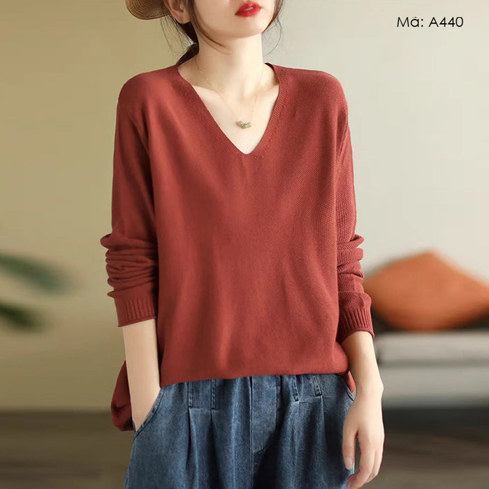 Áo len đan dài tay cổ V dáng rộng - A440