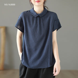 Áo sơ mi linen ngắn tay cổ pipi khuy cài sau kẻ caro - NU8888
