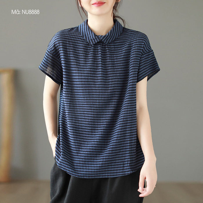 Áo sơ mi linen ngắn tay cổ pipi khuy cài sau kẻ caro - NU8888