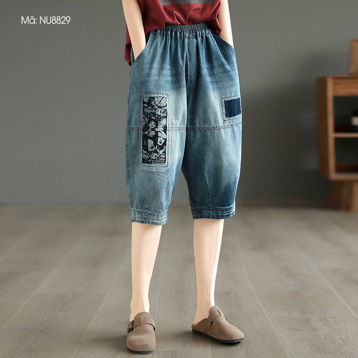 Quần baggy lửng denim lưng thun vá hình ảnh retro - NU8829