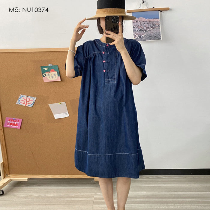 Đầm liền denim ngắn tay xòe cổ tròn khuy cài - NU10374