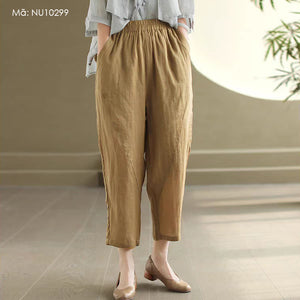 Quần baggy linen lửng lưng thun hai túi sau kiểu lệch - NU10299