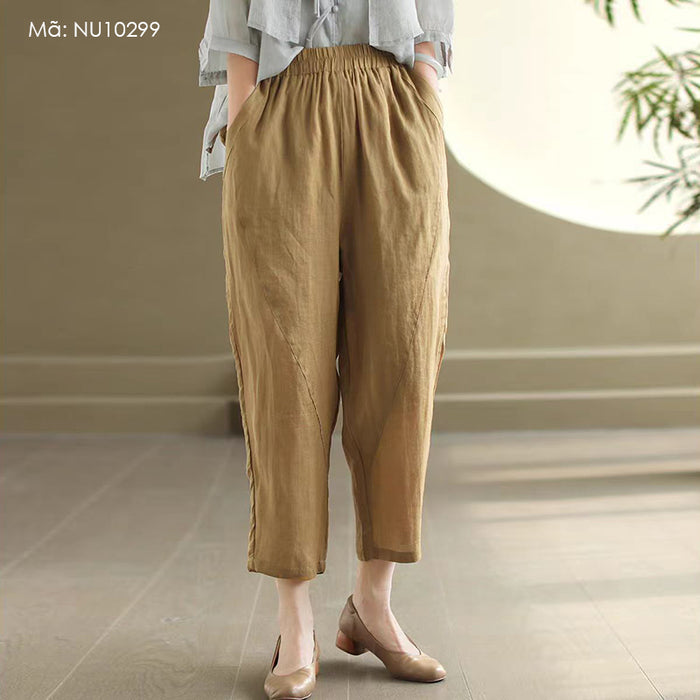 Quần baggy linen lửng lưng thun hai túi sau kiểu lệch - NU10299