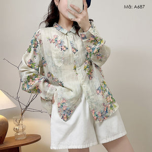Áo sơ mi linen dài tay cổ pipi in hoa lá một túi tam giác - A687