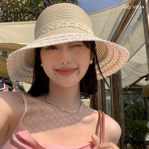 Mũ cói retro vành rộng đính ren - M034