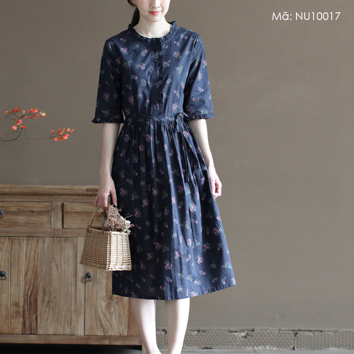 Đầm liền linen ngắn tay cổ đứng in những bó hoa liti - NU10017