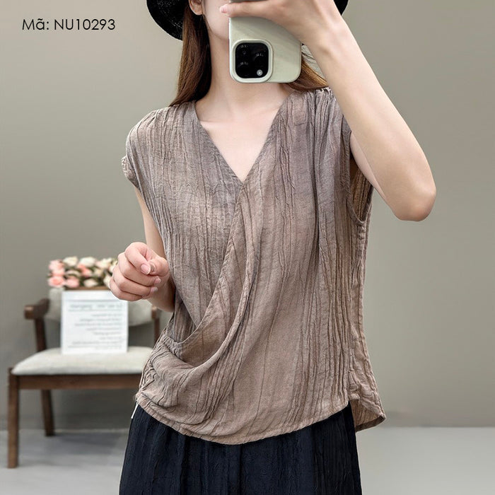 Áo T-shirt linen sát nách cổ V kiểu vạt chéo - NU10293