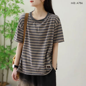 Áo T-shirt ngắn tay cổ tròn kẻ sọc retro - A786