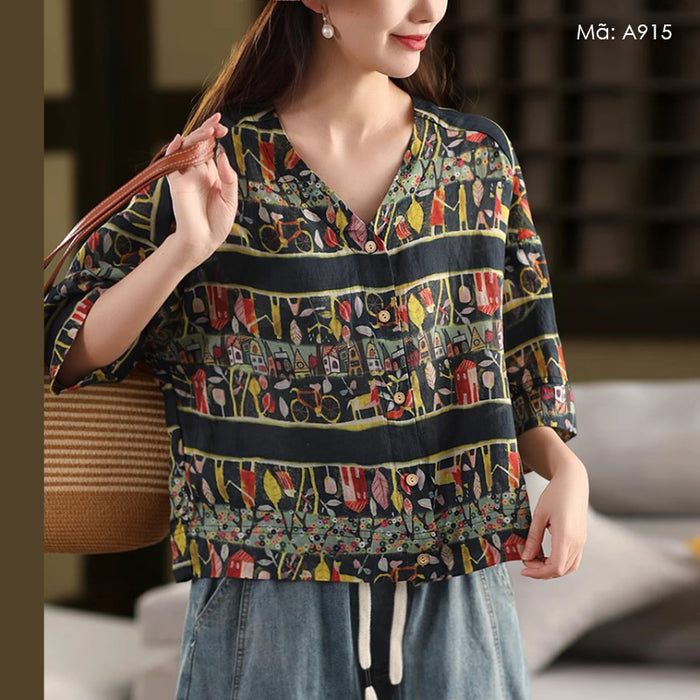 Áo sơ mi linen ngắn tay cổ V in hoa văn trừu tượng - A915
