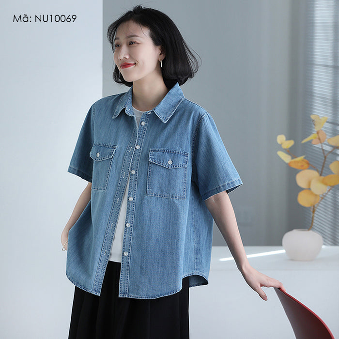 Áo sơ mi denim ngắn tay cổ đức hai túi - NU10069