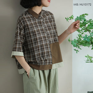 Áo sơ mi ngắn tay cổ đức kẻ caro phối mảng màu - NU10172