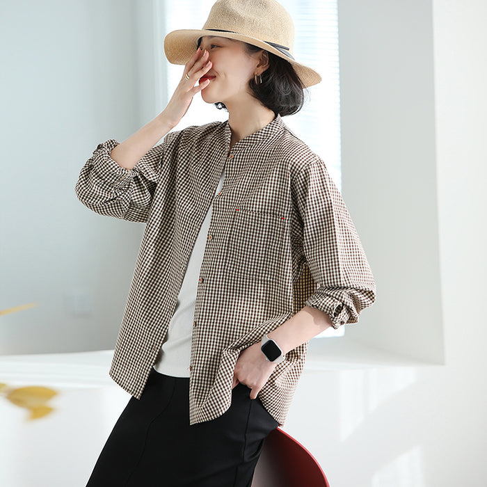 Áo sơ mi linen dài tay cổ đứng kẻ sọc caro - NU9837